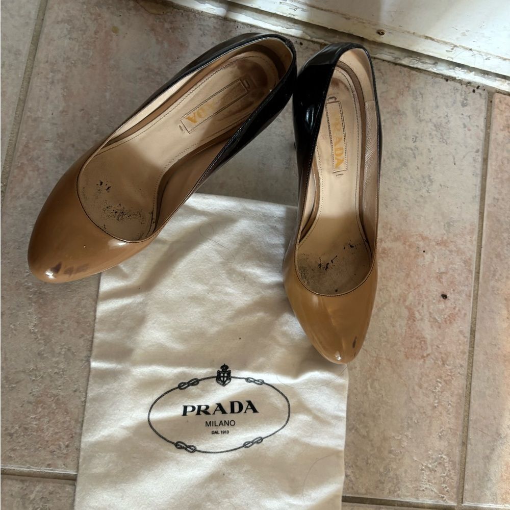 Prada dress shoes Ombre Platform High Heels sexy Pumps tan black colorblock